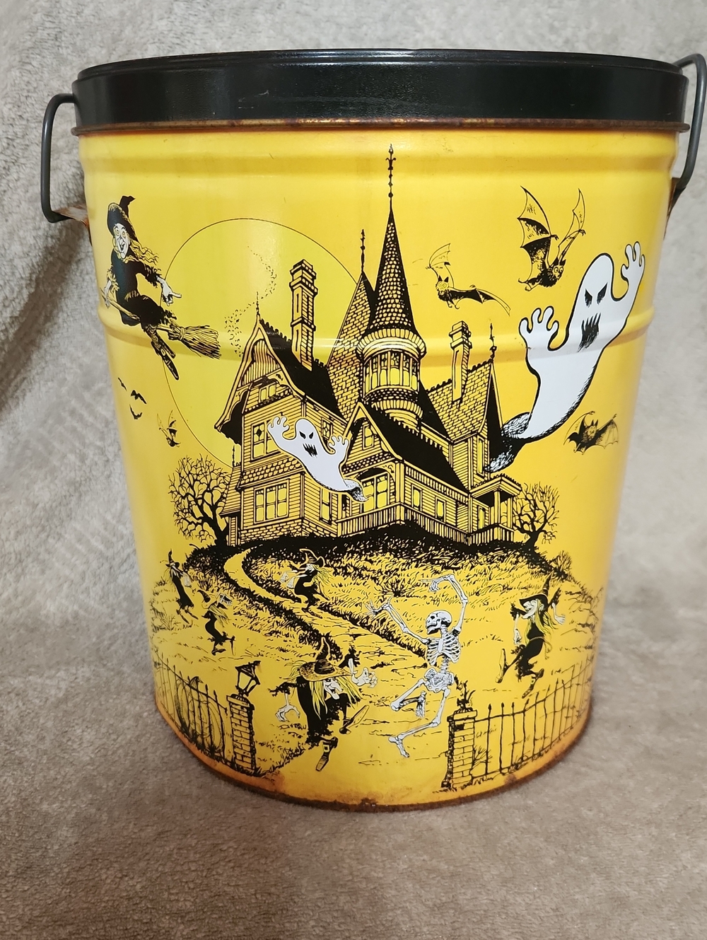Vintage Yellow Halloween Spooky Metal Tin, With Haunted House, Skeleton & Witch